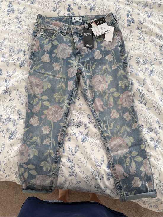 Seven7 Denim - Seven 7 Floral Boyfriend Jeans in Dusty Blue with Pink Accents